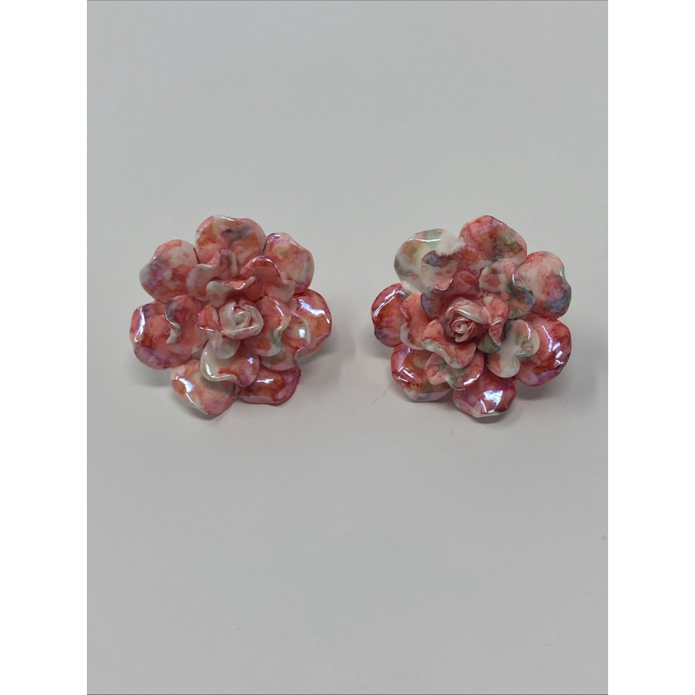 Pink Porcelain Looking Rose Flower Plastic Earrings Runner Backing 1 Inch Long